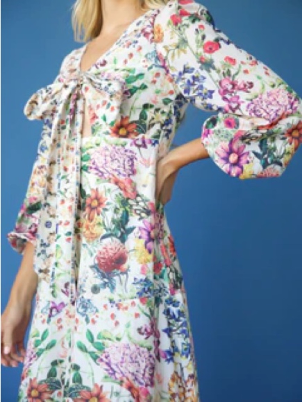 Floral Tie-Front Dress in White with Multicolor Blooms